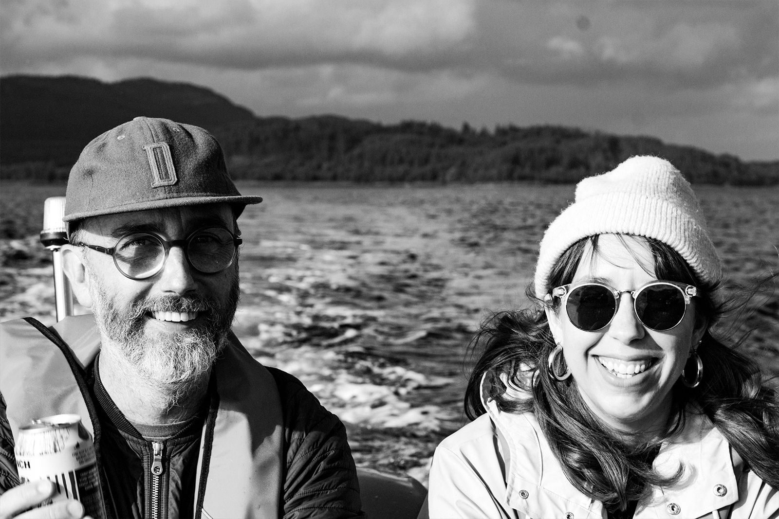 Black and White Image of O Street Directors David Freer and Anna Dunn on a Fishing boat.