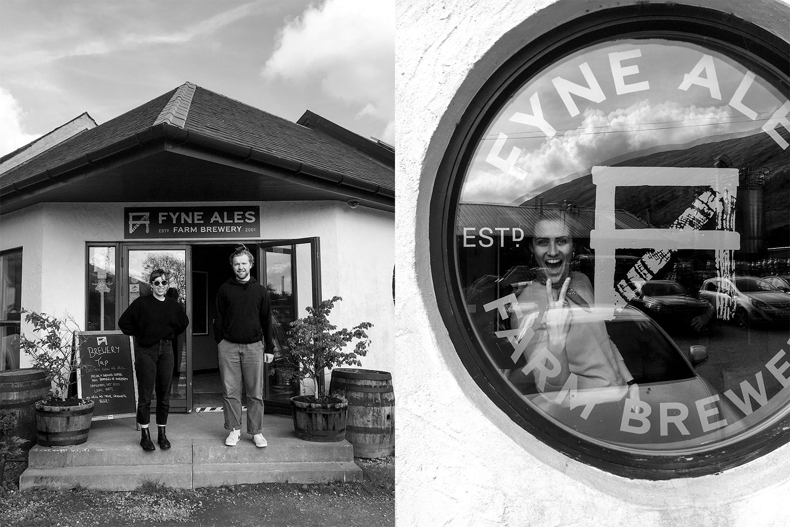 O Street's 2019 Fishing Trip to Loch Fyne (Left) 2 people standing outside Fyne Ales Farm Brewery Shop. (Right) Tessa in the Fyne Ales Farm Brewery Window.