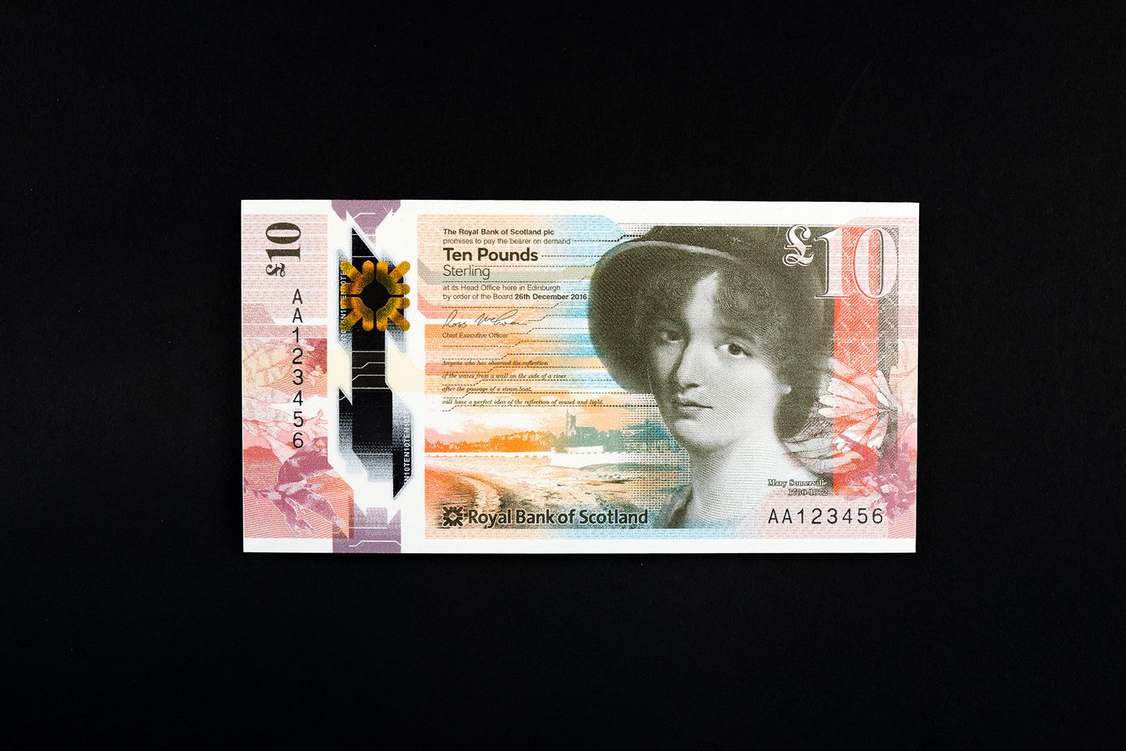 Royal Bank of Scotland polymer £10 banknote featuring Mary Somerville. Currency design by Scottish design agency, O Street.