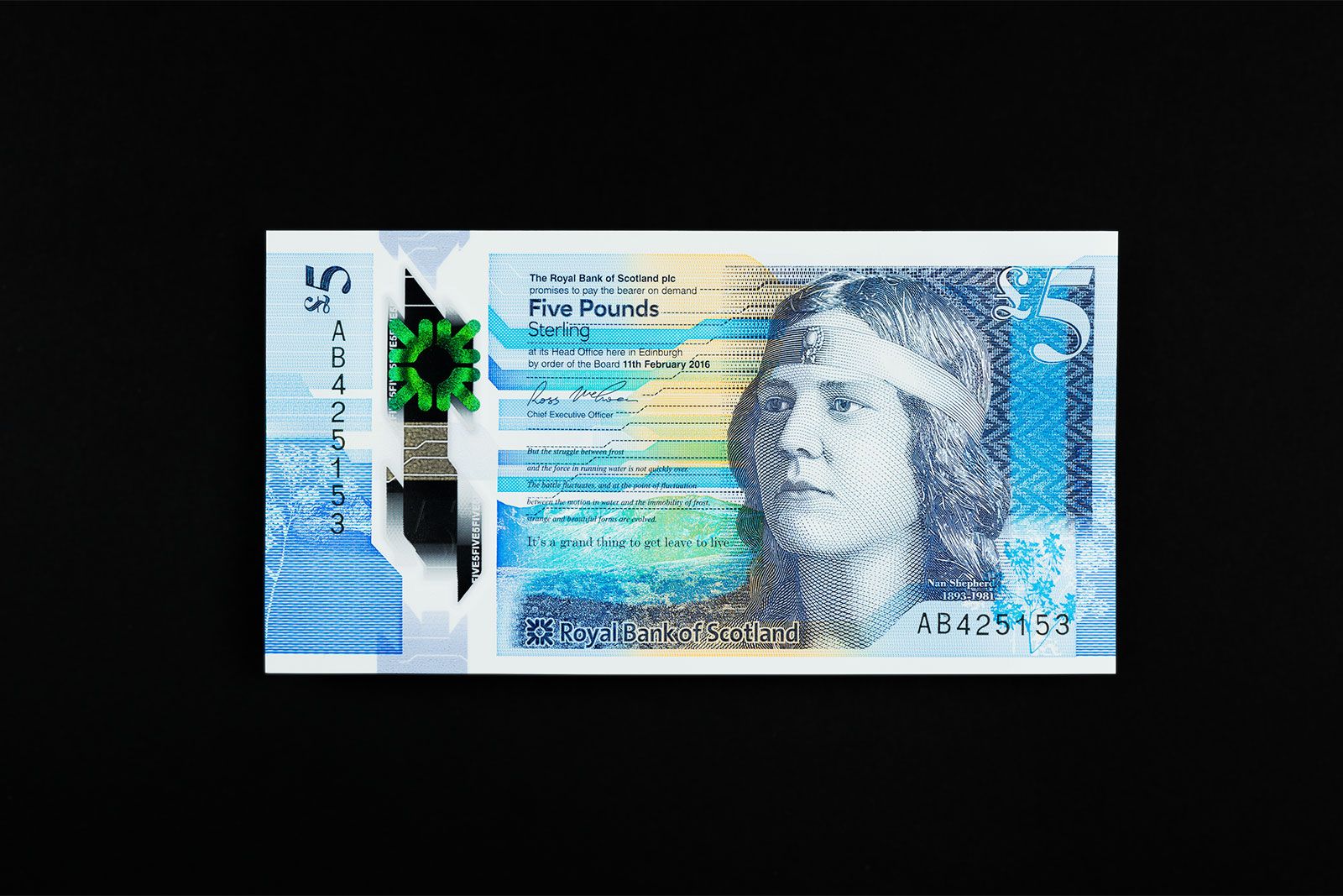 RBS The People's Money, polymer £5 banknote featuring Nan Shepherd. Currency Design by O Street Glasgow.