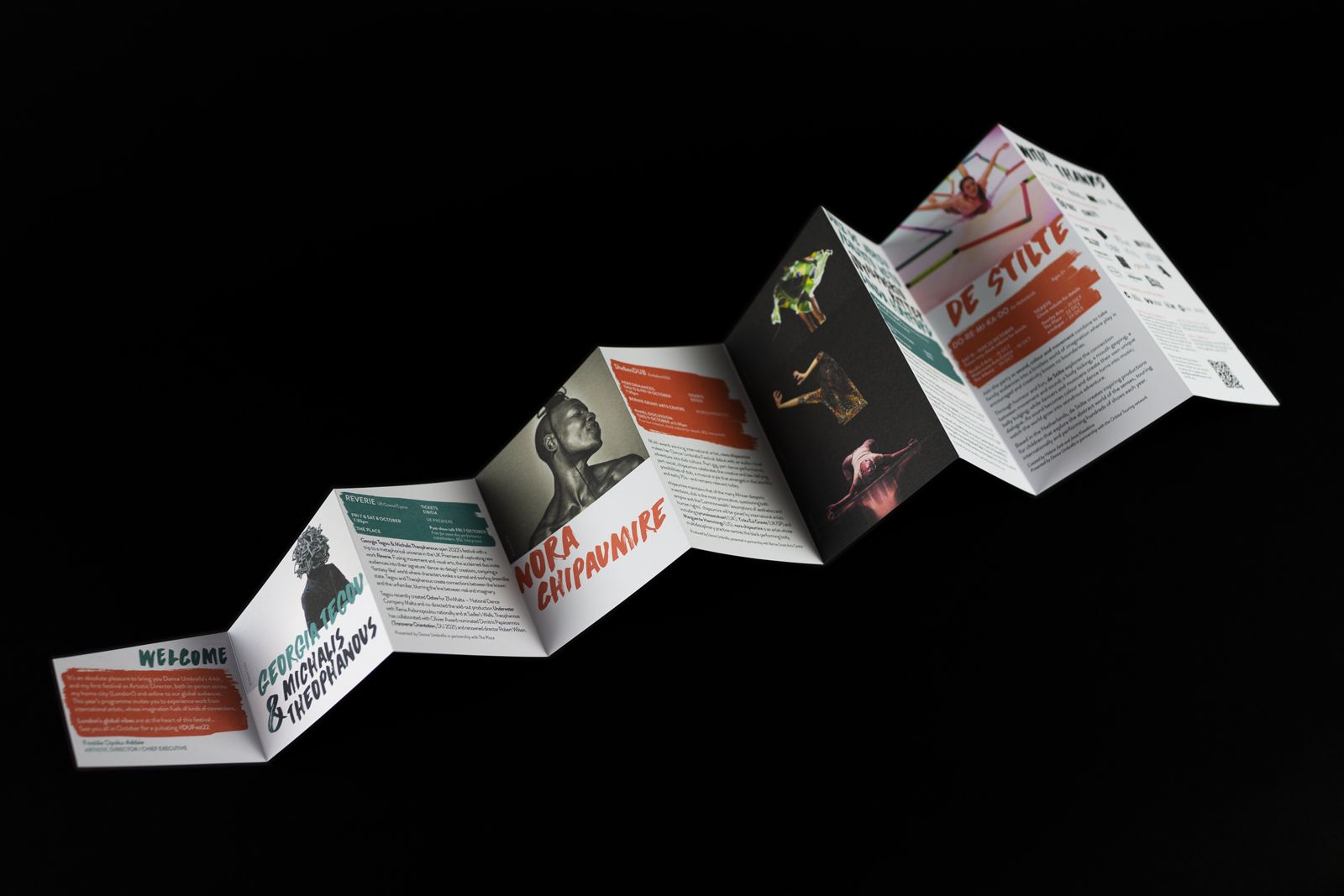 Dance Umbrella Concertina Programme for 2022 Festival in London. Print Design by O Street, Glasgow. 