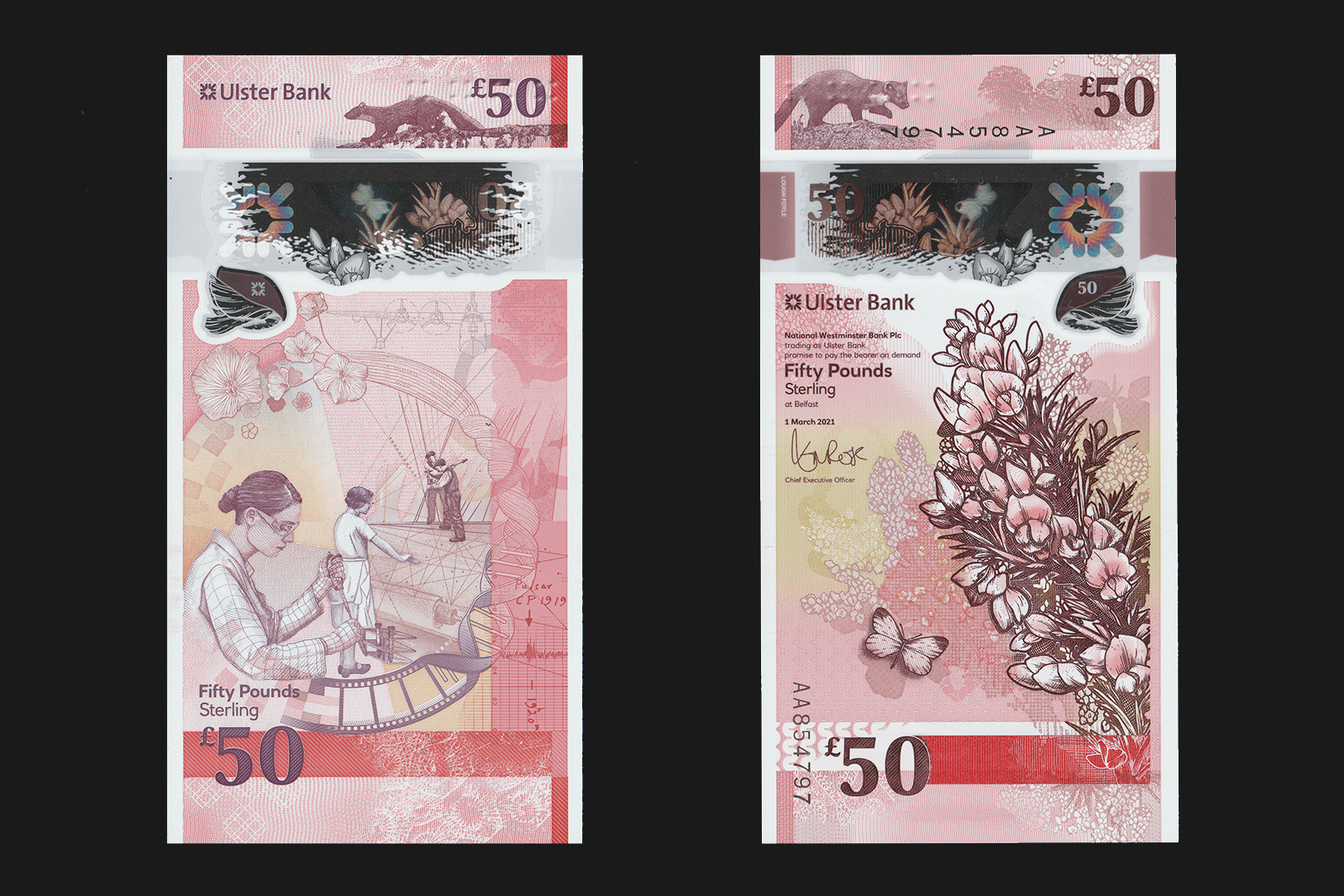 Front and back of Ulster £50 banknote - Currency design by O Street Glasgow Design Agency