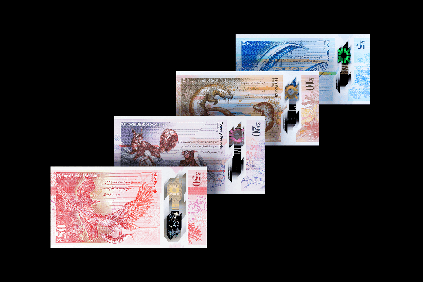 Royal Bank of Scotland new polymer Banknotes in £5,£10,£20 and £50 note denominations. Currency design by Scottish Design Agency, O Street