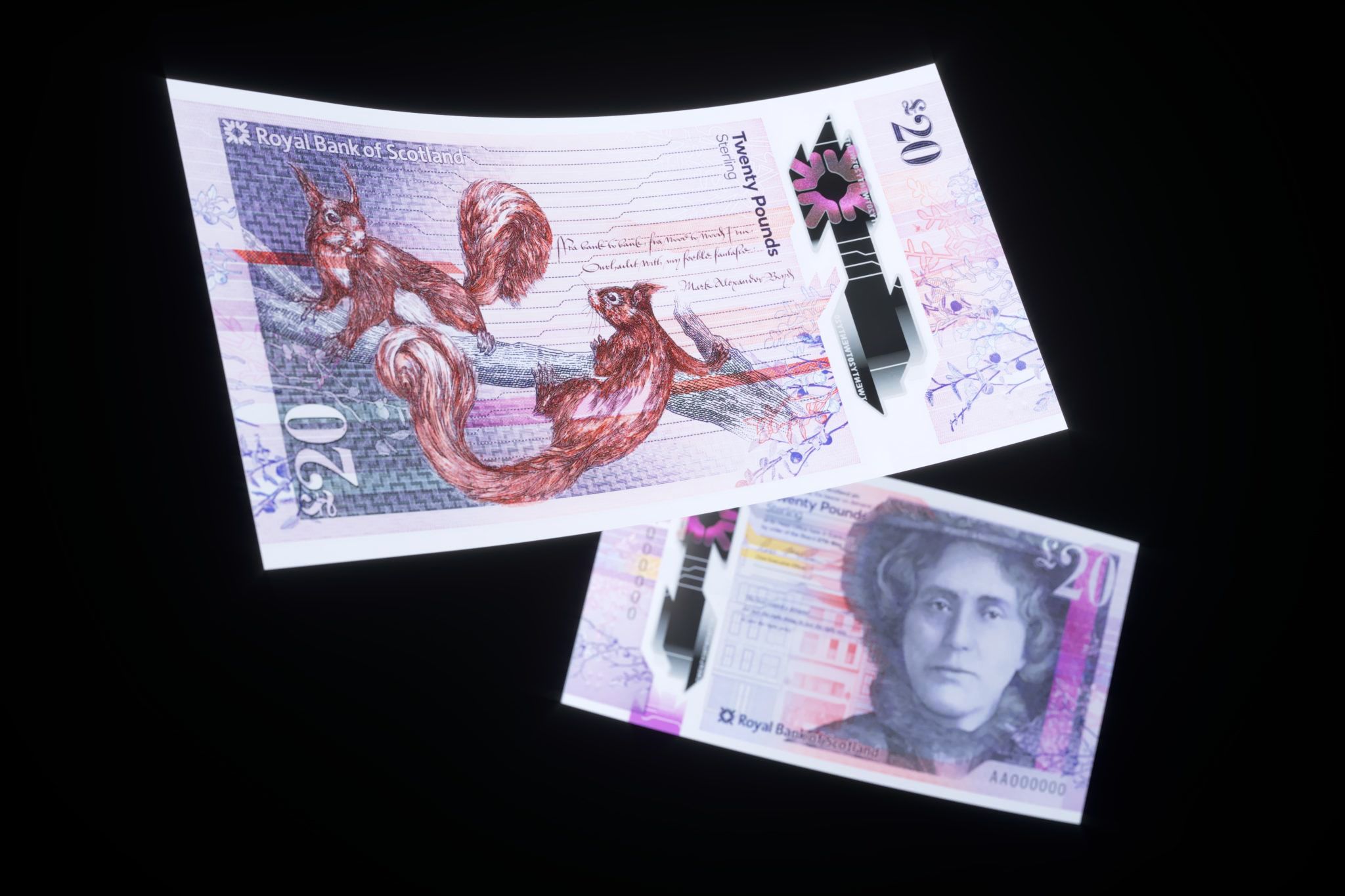 Royal Bank of Scotland £20 new polymer banknote featuring Kate Cranston and red squirrels. Currency design by O Street, Glasgow.