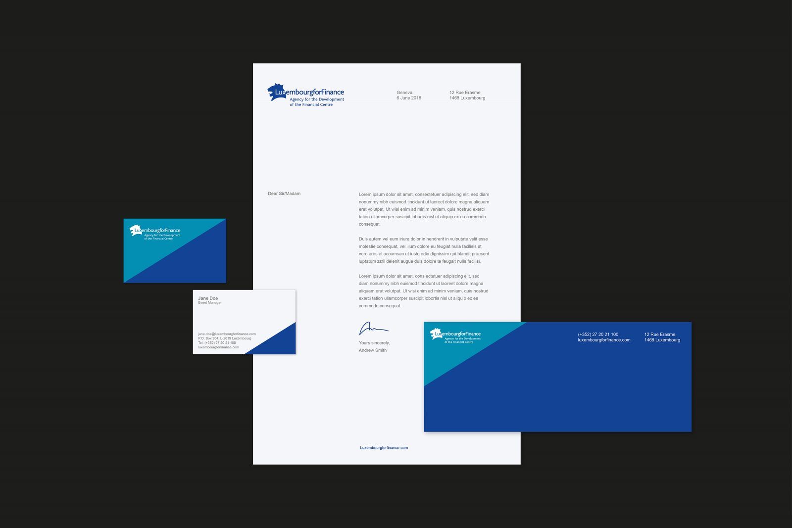 Luxembourg for Finance Logo design shown across letterhead paper, business cards and complement slip.
