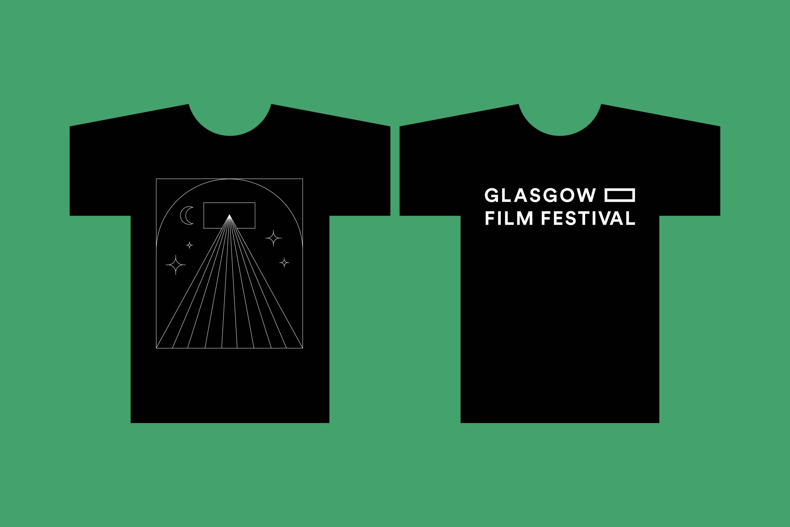 O Street Glasgow Film Festival 2021 Branding T-Shirt design front and back on green background