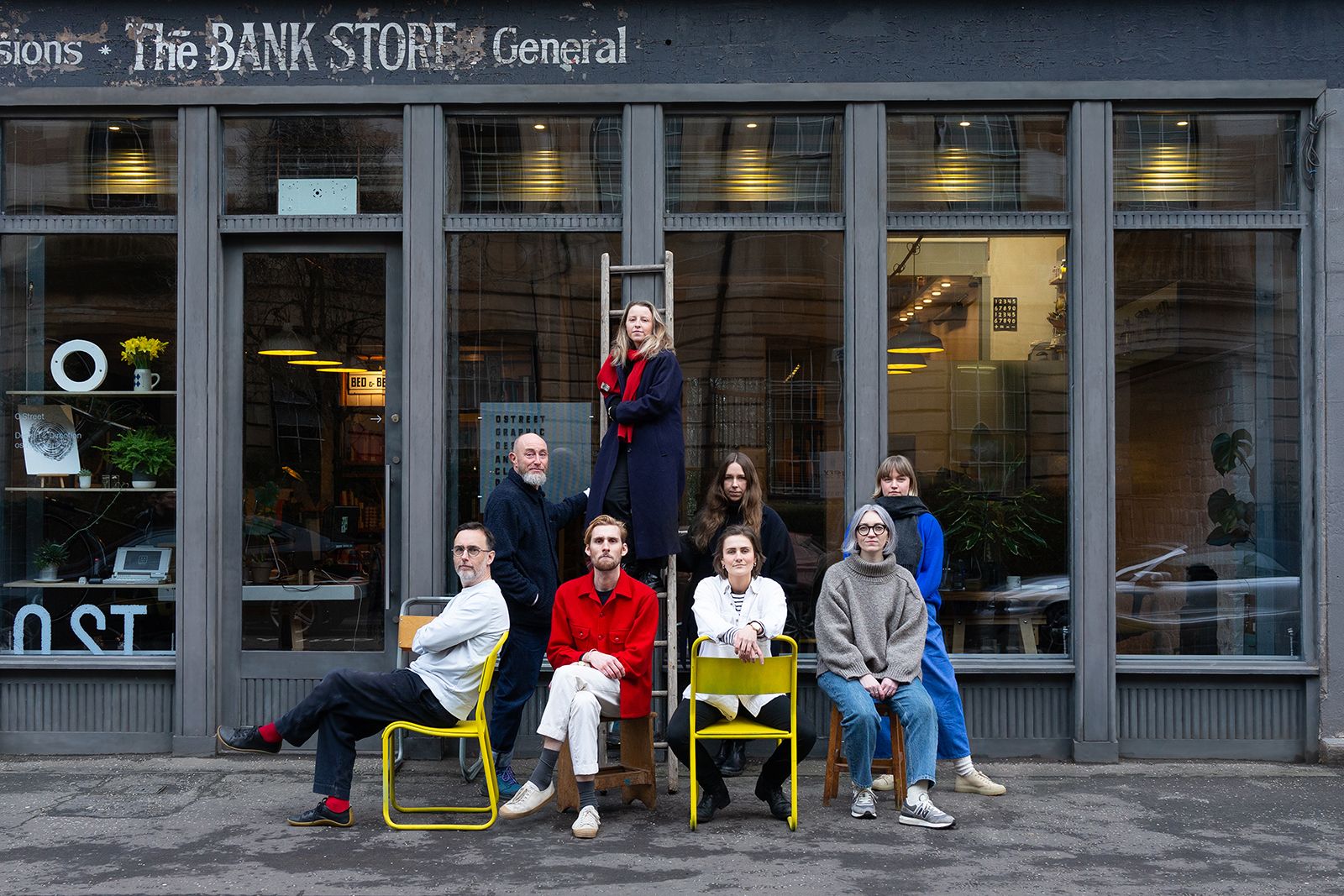 O Street team photo outside the Bank Street Studio in Glasgow. 